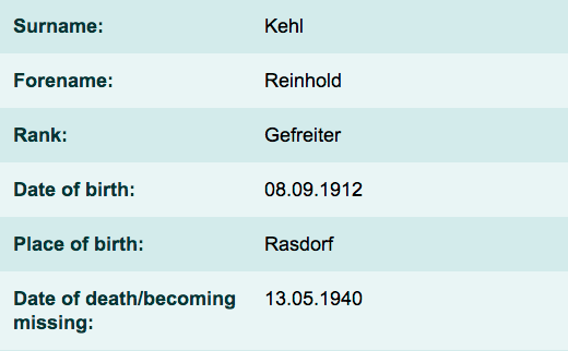 Photo credit: to volksbund.de/en/graebersuche, A view of from the statistical datasheet of Reinhold Kehl, ✞ Final gravesite: Row U Grave 13.